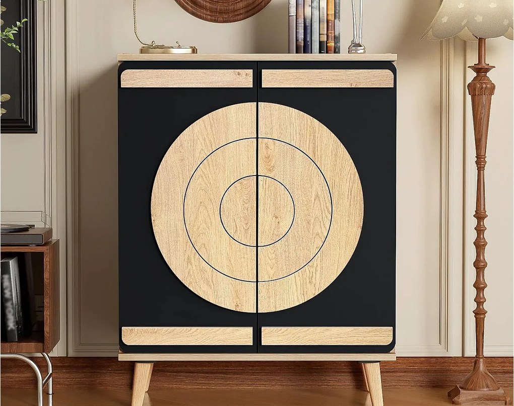 Nowoczesna szafa na buty 76x37x98,5 cm - z 2 drzwiami - Wielopoziomowe przechowywanie - Nogi drewniane - Czarny i naturalny