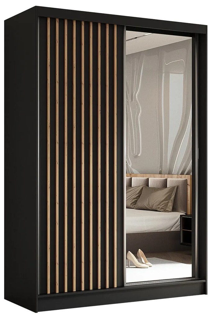 Szafa przesuwna - Lameo z lustrem 150 cm, czarny mat | lamele dąb artisan