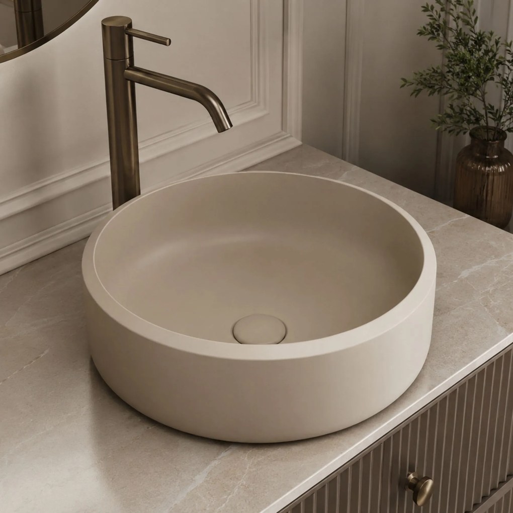 Massi Umywalka z konglomeratu nablatowa okrągła beżowa błyszcząca 40 cm RONA Beige Glow