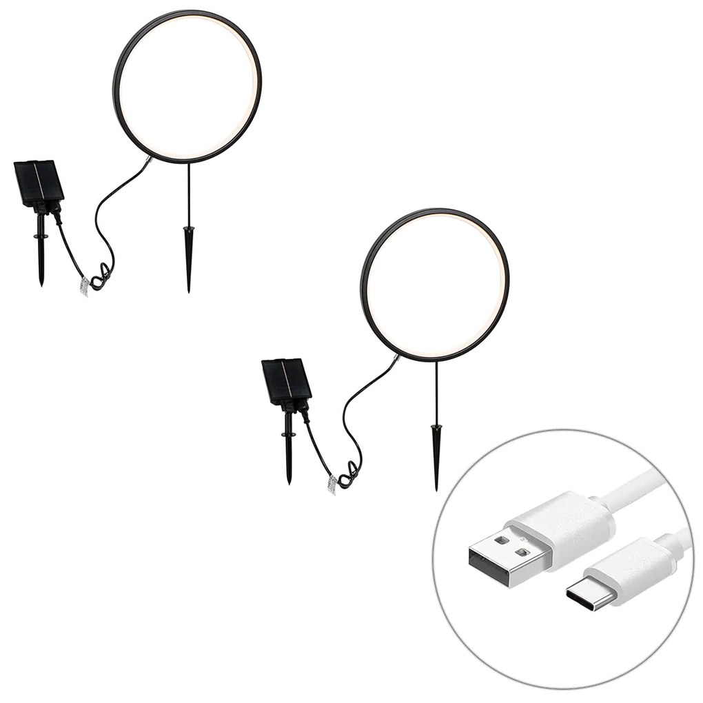 Zestaw 2 czarnych lamp na szpikulec 60cm z wbudowanym akumulatorem LED i panelem słonecznym IP65 - Adalind