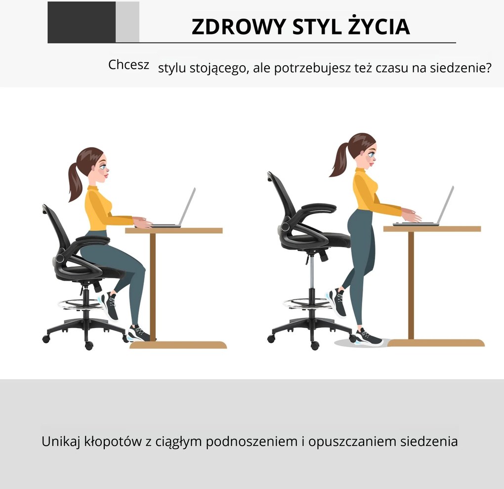 Vinsetto fotel biurowy do pracy na stojąco wysokie krzesło obrotowe z podnóżkiem regulacja wysokości ergonomiczny siatka do 120 kg czarny | Aosom PL