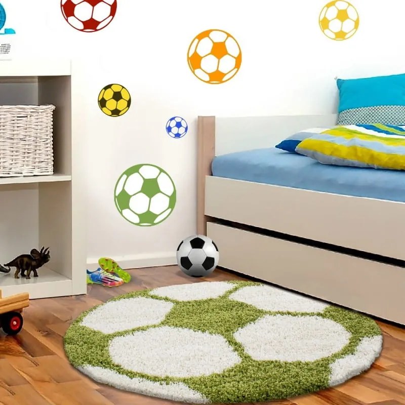 Dywan dziecięcy Shaggy Fun kremowo-zielony piłka  120 cm x 120 cm koło