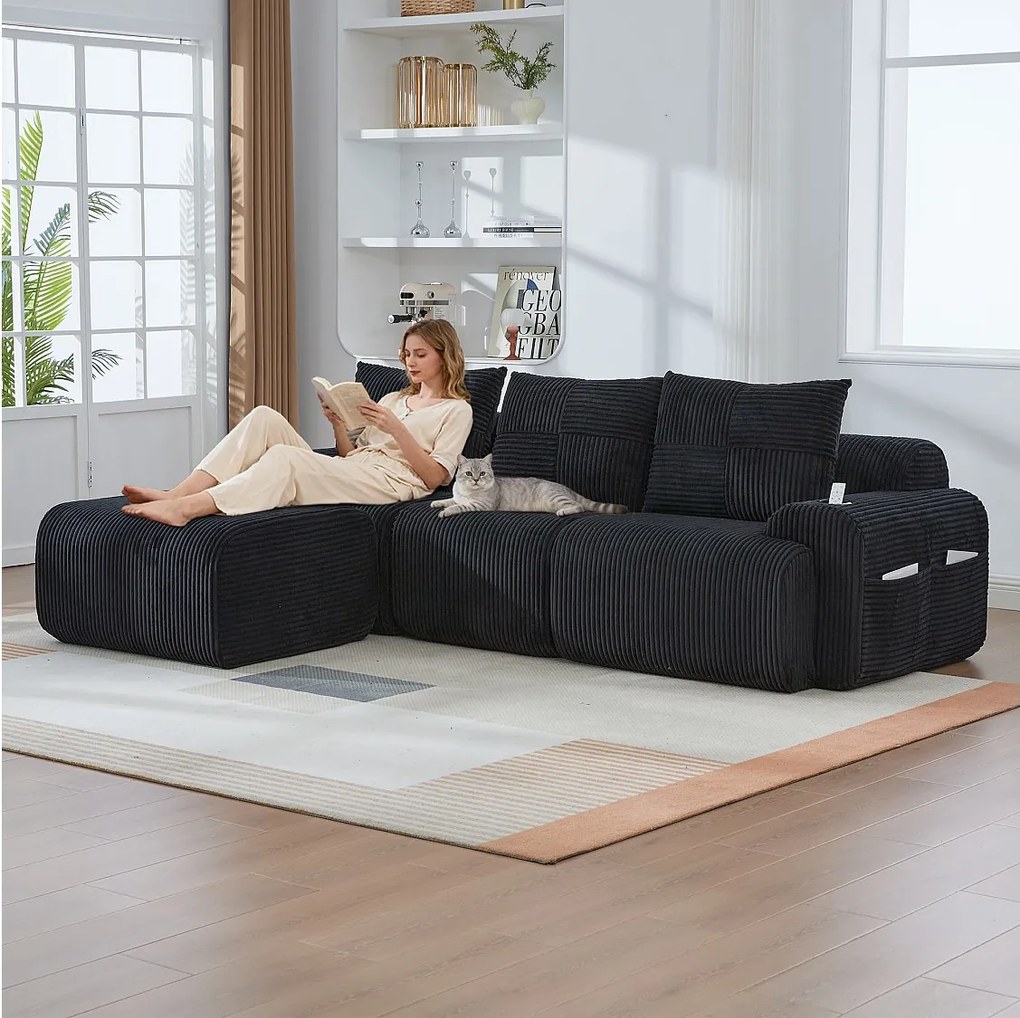 Sofa modułowa 3-osobowa - 268 x 174 x 80 cm - z 1 pufem + uchwytem na kubek + kieszenią do przechowywania - aksamitna - czarna