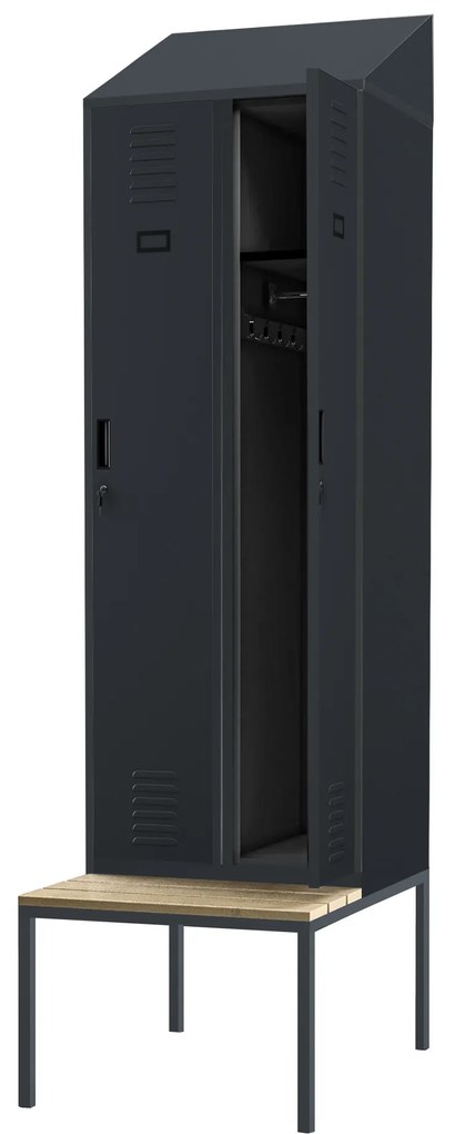 Szafka ubraniowa z ławką i daszkiem KACPER II PRO, 600 x 2295 x 850 mm, antracytowa