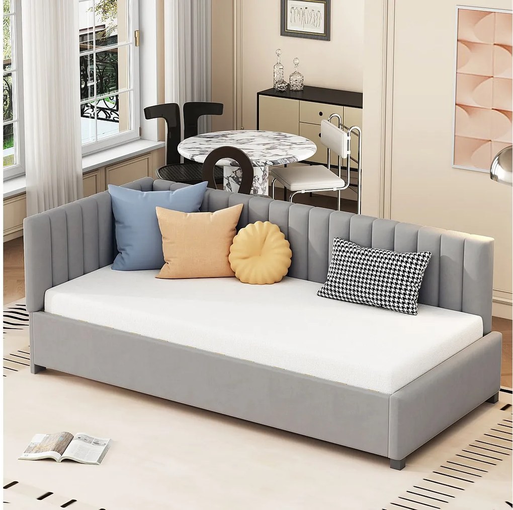 Łóżko dziecięce 90x200 cm - z zagłówkiem, stelażem - aksamit - szary - materac nie jest wliczony w cenę