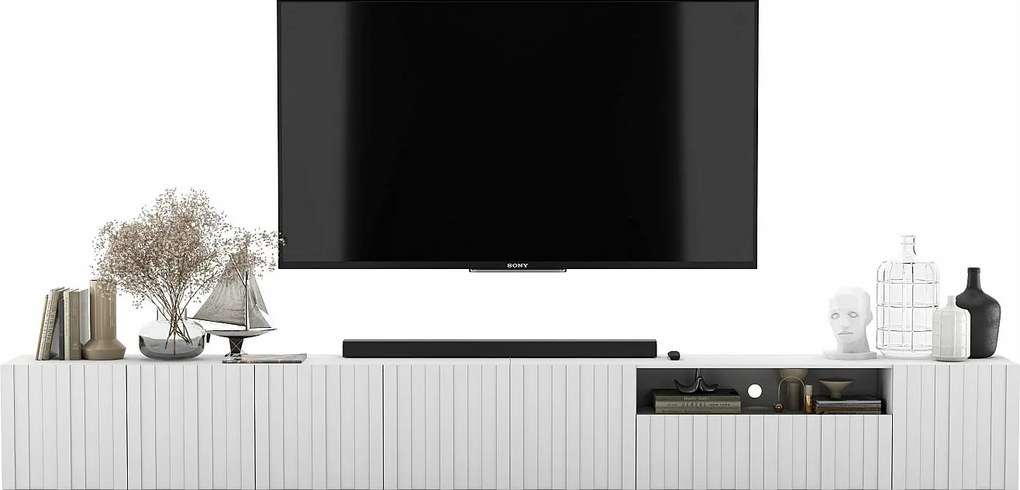 Szafka RTV z 7 drzwiami i wnęką – korpus biały mat, fronty ryflowane biały mat – 300 cm