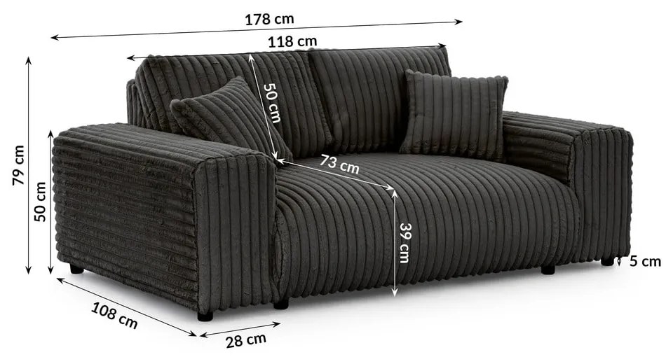 Ciemnoszara sztruksowa sofa 178 cm Justin – Ropez