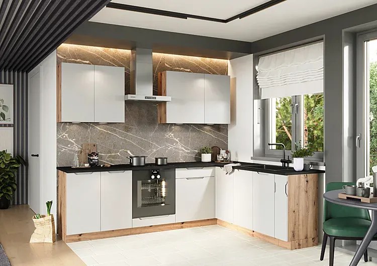 Komplet narożnych szafek kuchennych 260 cm dąb artisan + szary T5-E29