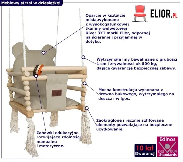 Drewniana huśtawka w kształcie misia beżowa A4-D91