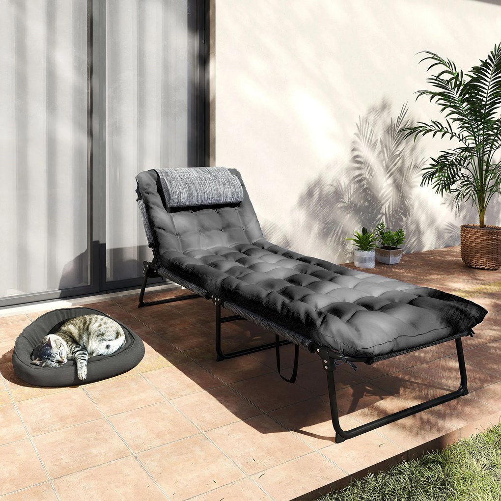 Outsunny Składany leżak ogrodowy z poduszką, leżak z 4-stopniowo regulowanym oparciem i boczną kieszenią, czarny | Aosom PL