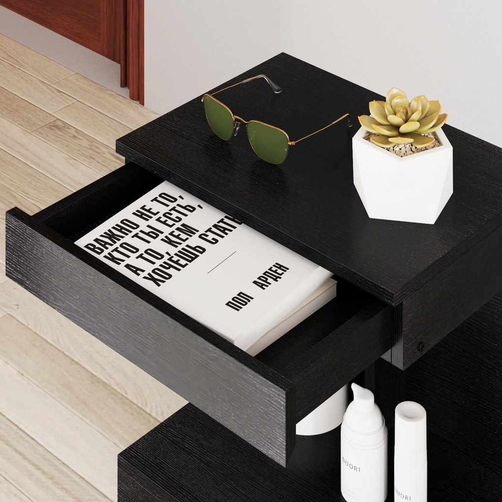 HOMCOM Szafka nocna, stolik pomocniczy z szufladą i półką, Nowoczesny stolik sofa z regałem na różne pomieszczenia, Czarny