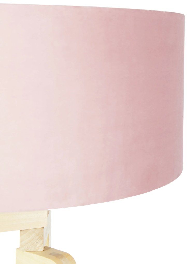 Lampa podłogowa stojakowa drewniana z różowym aksamitnym abażurem 50 cm - Puros Nowoczesny Oswietlenie wewnetrzne
