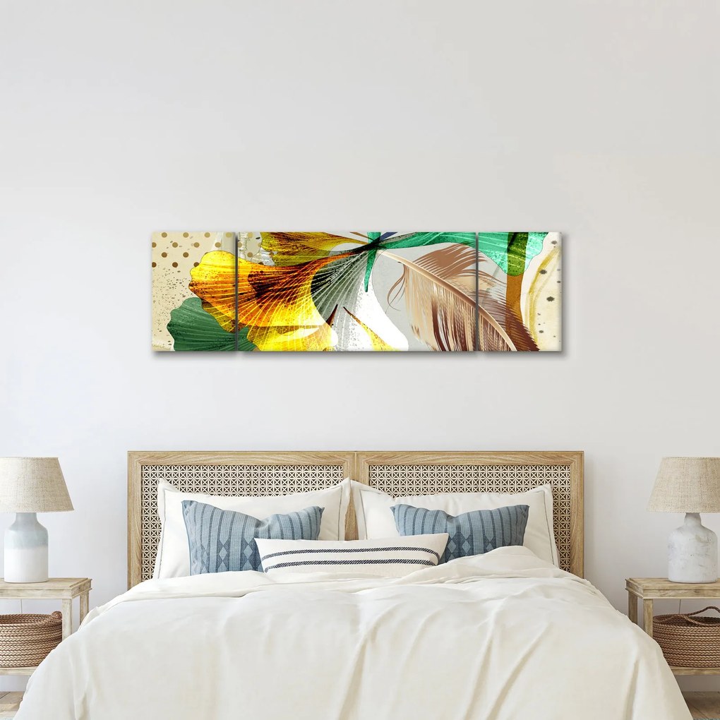 Obraz - Liście z piórami (170x50 cm)
