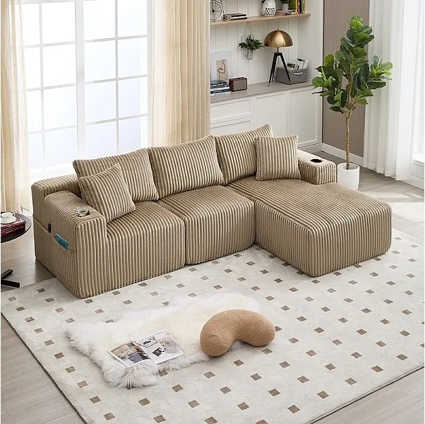 Modułowa Sofa Narożna 3-osobowa, z Korbu, z Uchwytem na Napoje, Poduszkami i Bocznymi Kieszeniami, Leżanka 118cm, Khaki