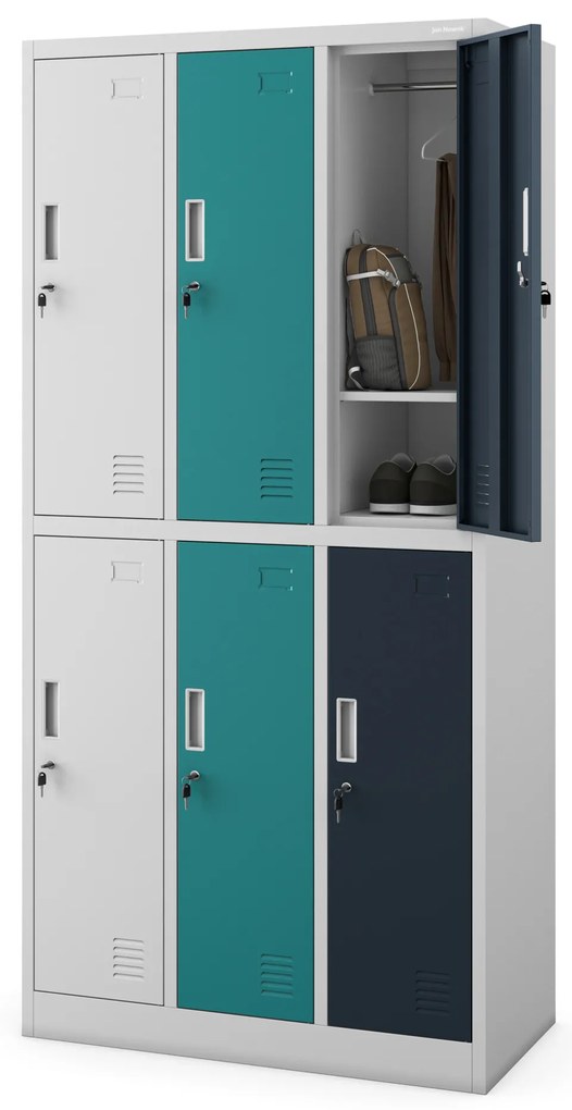 Szafka socjalna ubraniowa BHP szaro-wielokolorowa: 6-drzwiowa IGOR, 900 x 1850 x 450 mm