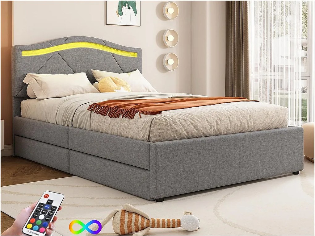 Łóżko tapicerowane 90x200 cm - z oświetleniem LED - z 2 szufladami - len - łóżko z stelażem na listwy - szare (materac nie wchodzi w skład)