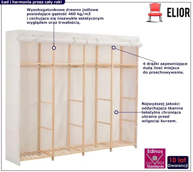 Biała duża szafa tekstylna z półkami i drążkiem - Erivox 7X