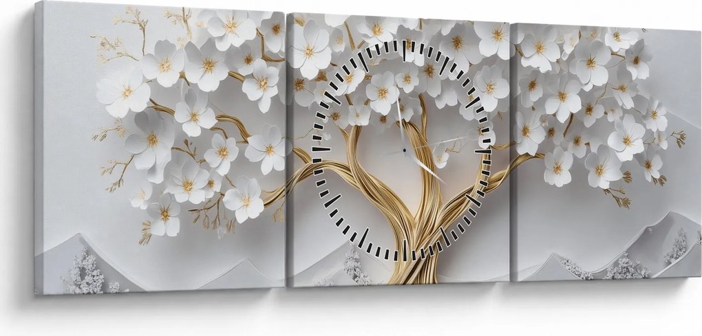 Obraz – Eleganckie drzewo życia 3D pełne kwiatów (z zegarem) (90x30 cm)