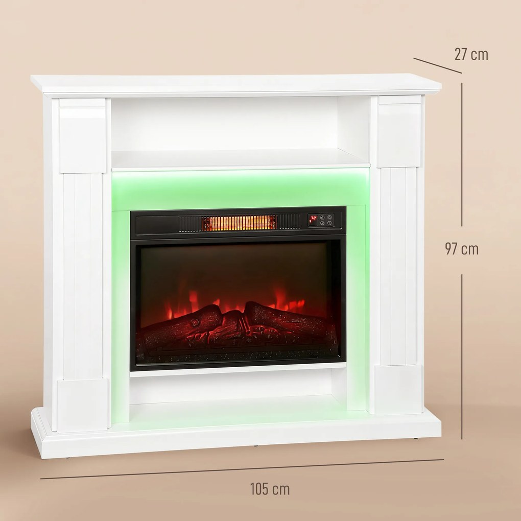 HOMCOM Kominek elektryczny z oświetleniem LED, realistyczny efekt płomieni, 1800W, półka nad kominkiem, 2 piloty, szkło, biały