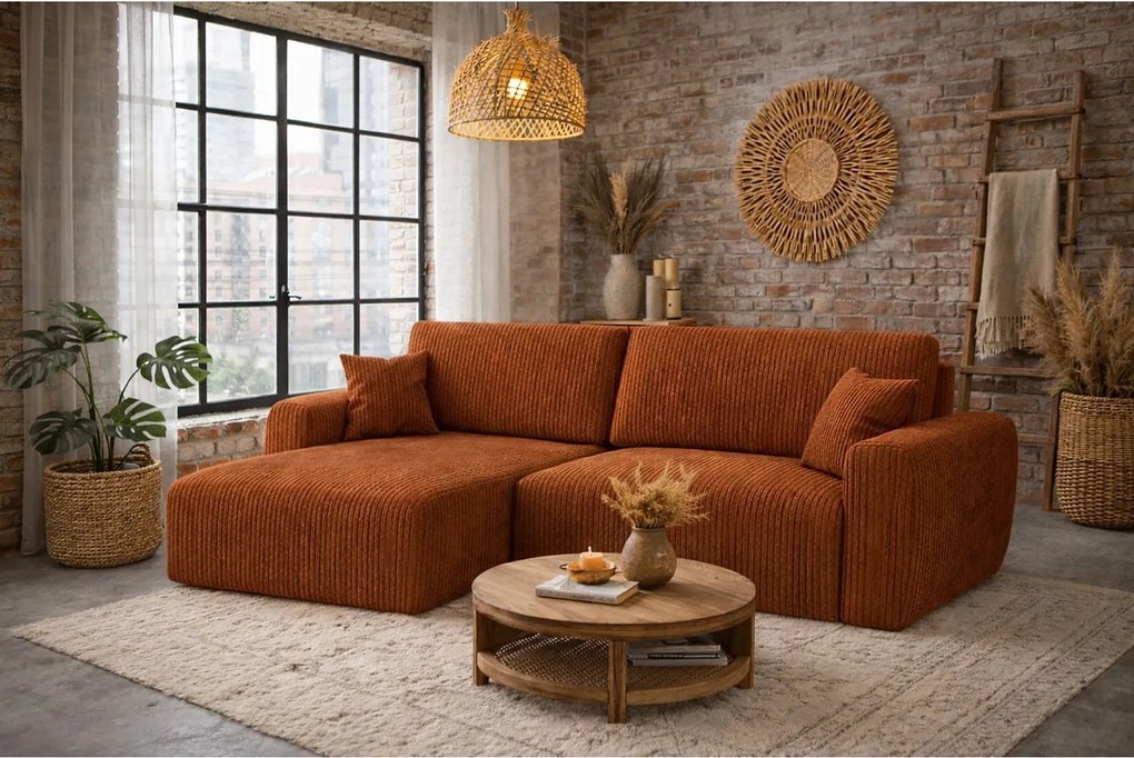 Narożnik z funkcją spania i pojemnikiem Ariel XL, tkanina sztruksowa Poso, Miedziany, Lewy