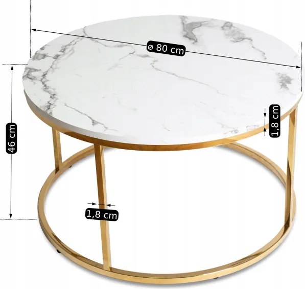 Stolik Kawowy CLIFF MAX 80 cm Biały Marmur/Złoty Nowoczesny Glamour