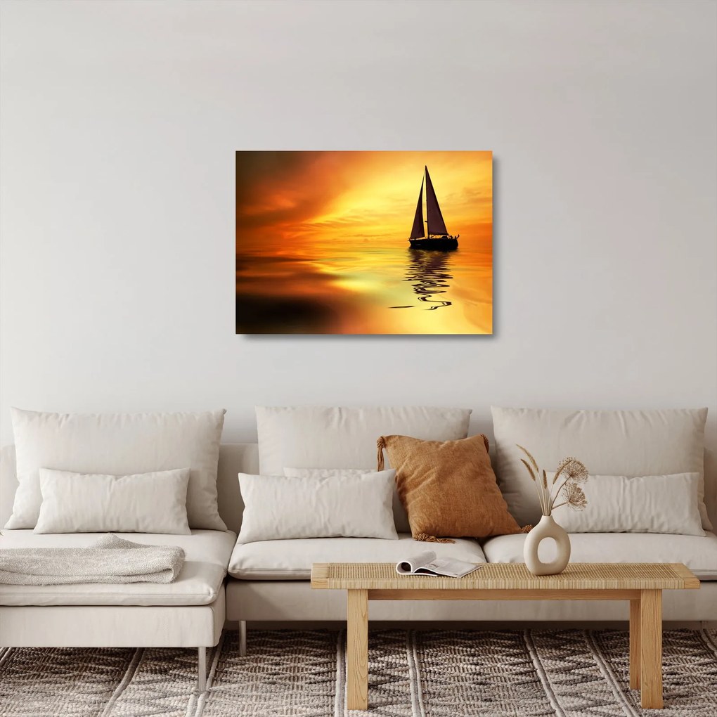 Obraz na szkle - Żaglówka o zachodzie słońca (70x50 cm)