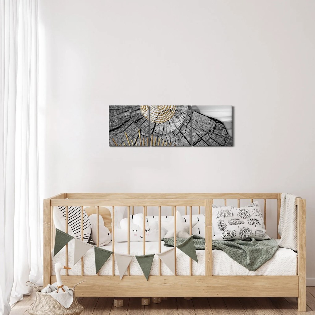 Obraz - Pień drzewa w kolażu (z zegarem) (90x30 cm)