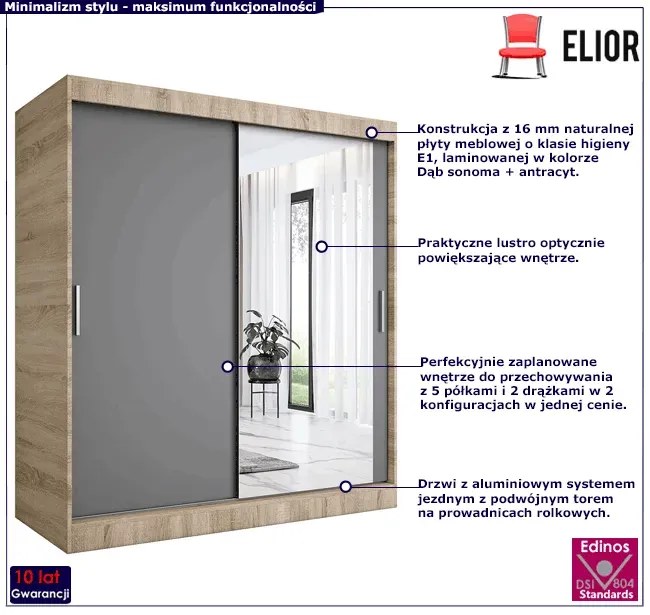 Szafa przesuwna dąb  sonoma + antracyt 180 cm - Massi 5X