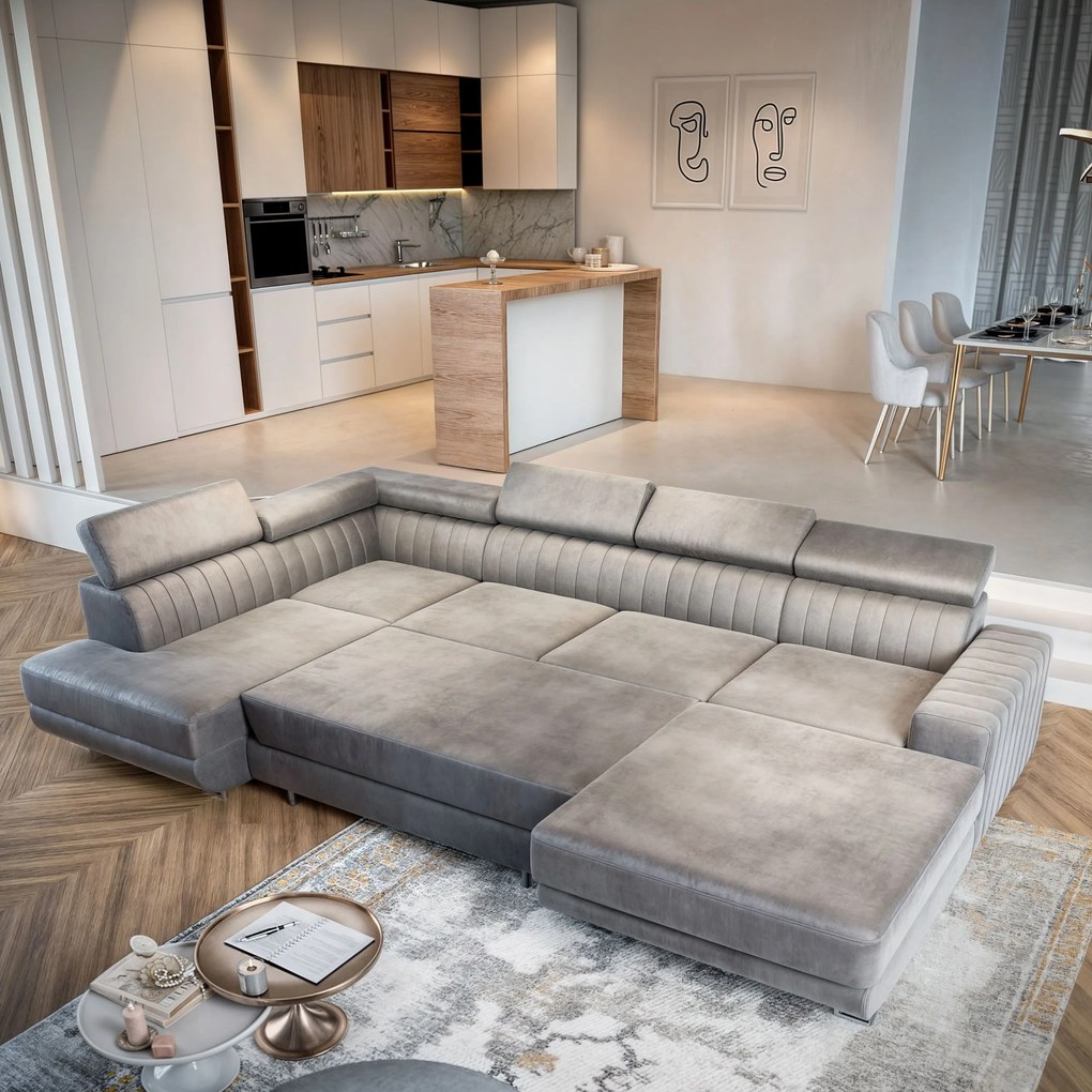 Masseno Narożnik SIENA z funkcją spania i pojemnikiem na pościel Narozniki U, Rozkładana sofa - Kremowy, MONOLITH 04