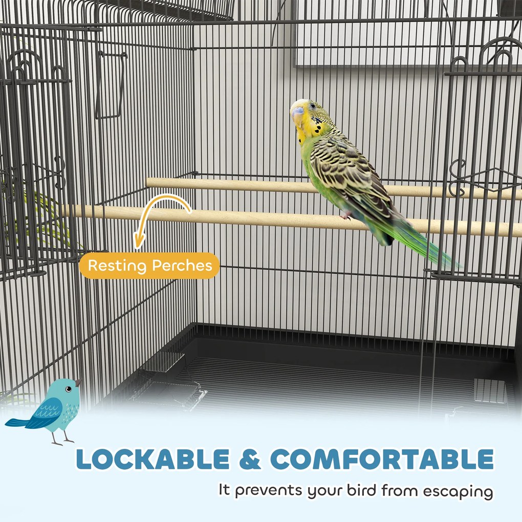PawHut Mobilna klatka dla kanarków i falistych, z dolną półką, metalowa siatka, Czarna