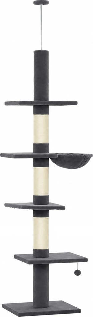 PawHut Drapak sufitowy 225–255 cm regulowany Drapak dla kota z 5 poziomami 3 słupkami z sizalu, hamak, platformy | Aosom PL