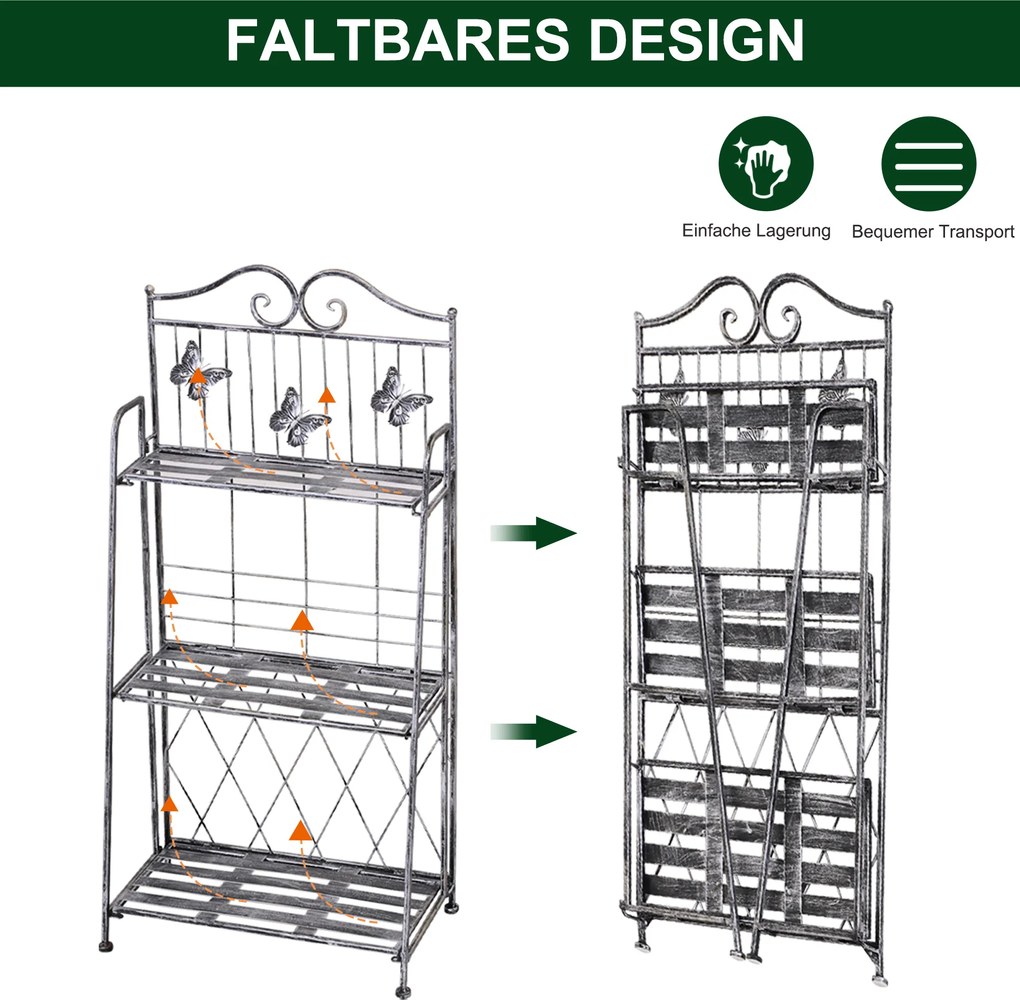 Outsunny Metalowy Regał na Kwiaty 3 Poziomy Składany Stojak na Rośliny Design Ogrodowy Srebrny 44x25x96cm | Aosom PL