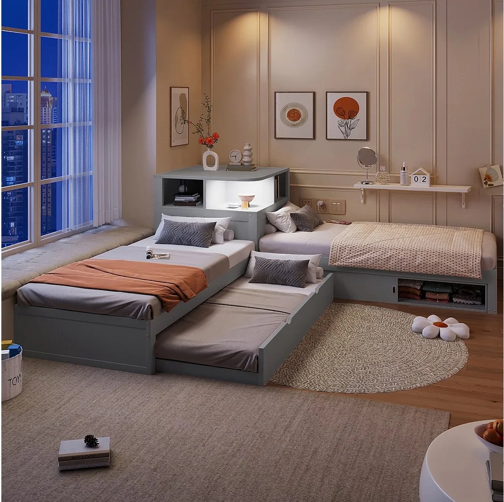 Łóżko platformowe w kształcie litery L 90 x 200 cm z wysuwanym łóżkiem i schowkiem z przesuwanymi drzwiami - MDF + sosna - Szare (Materac nie jest wliczony w cenę)