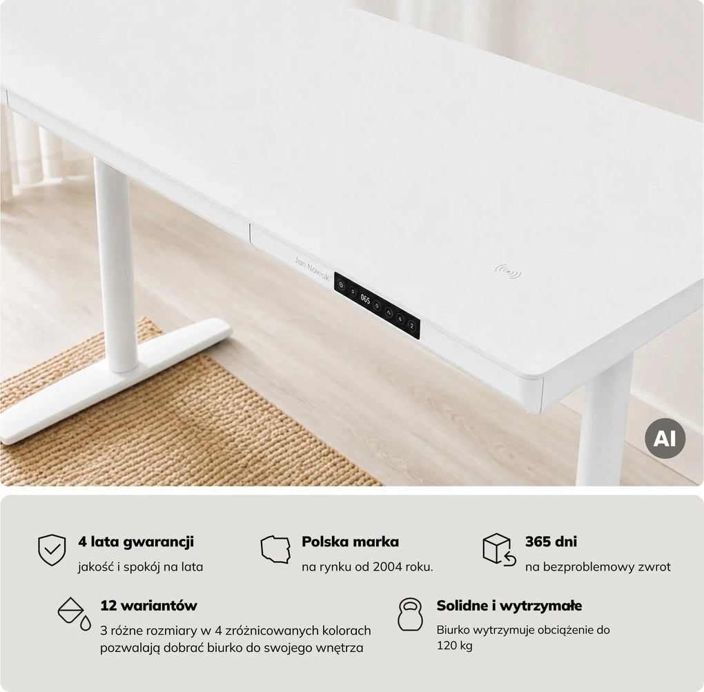 Biurko elektryczne sit-stand z szufladą i ładowarką bezprzewodową Qi białe, 1400 mm: ELLIS