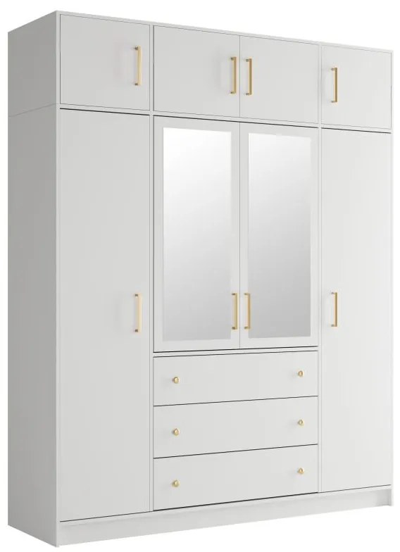 Szafa 4-drzwiowa z 3 szufladami - Z lustrami - szer. 196 cm - Biały + Nadstawka - LIZANDRO