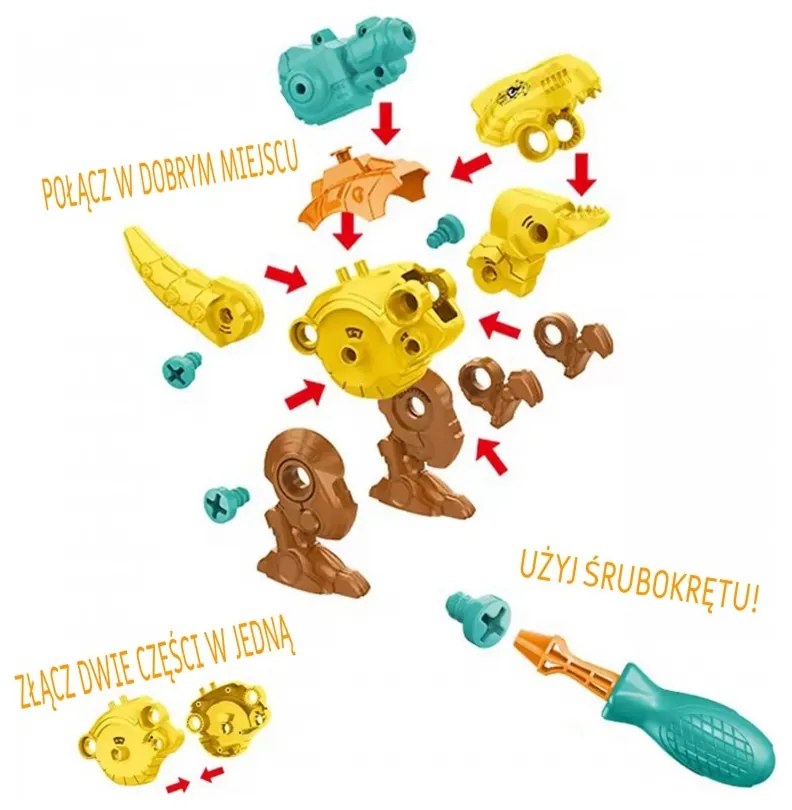 Woopie zestaw dinozaury do skręcania 3 szt. zestaw konstrukcyjny w pudełku + wiertarka i śrubokręt
