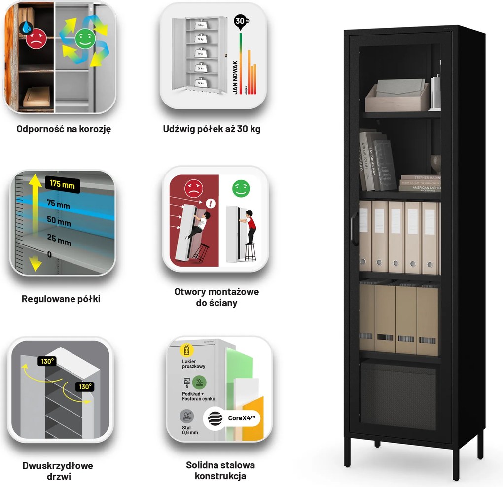 Witryna szklana do salonu wąska metalowa czarna LUIGI Modern 500 x 1800 x 350 mm