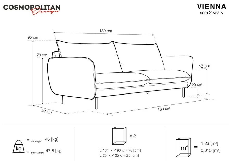 Szara aksamitna sofa Cosmopolitan Design Vienna, 160 cm