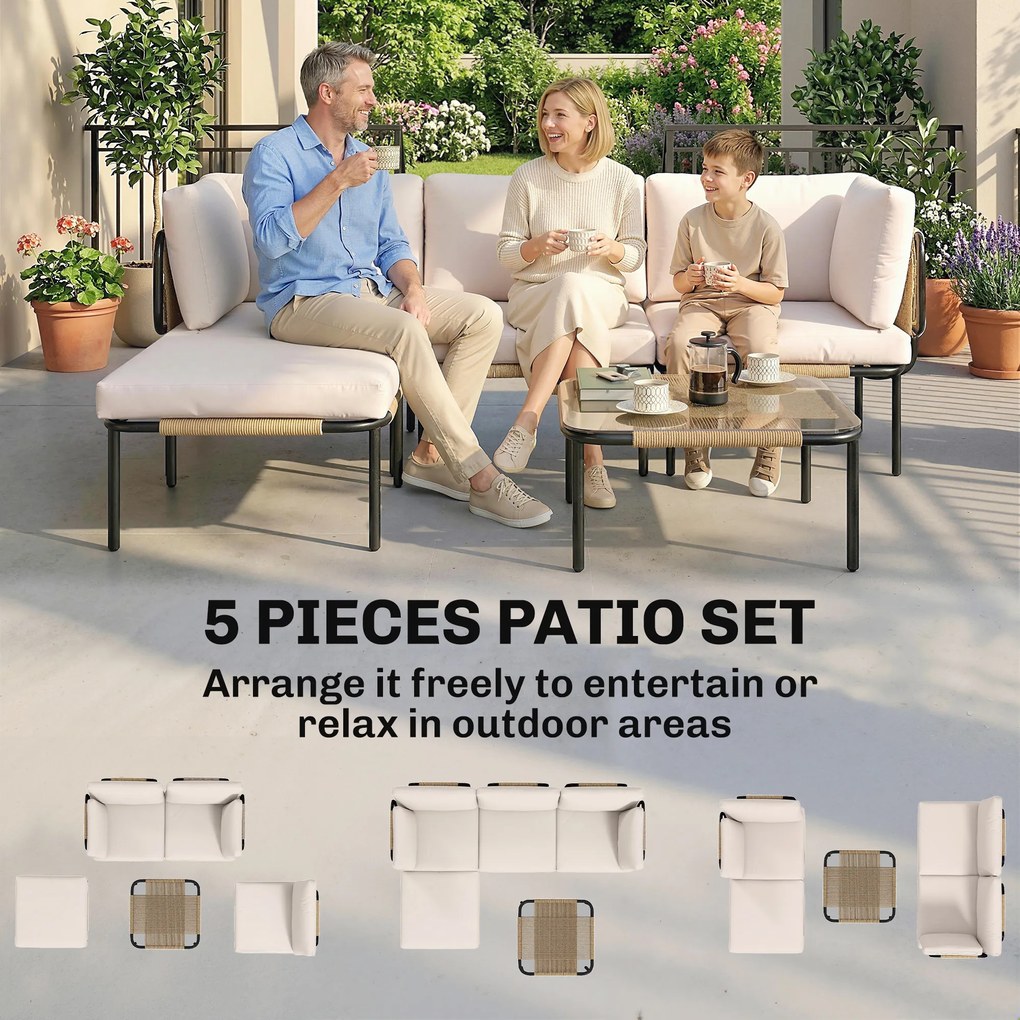 Outsunny Zestaw mebli z polirattanu 5-częściowy, 3 fotele, stolik ze szkła, podnóżek, szerokie i głębokie siedziska, zdejmowane poduszki | Aosom PL