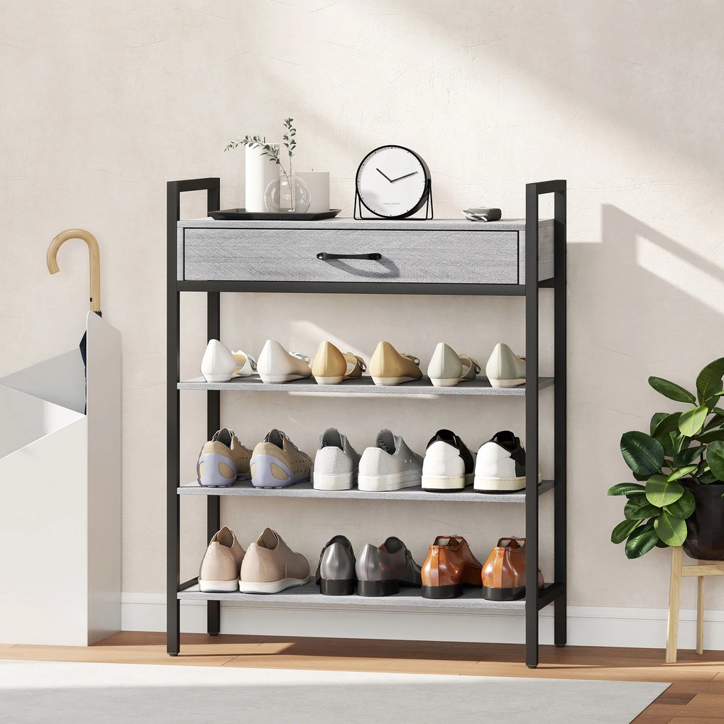 HOMCOM 4-poziomowa szafka na buty, regał do przedpokoju na do 9 par butów, płyta wiórowa, metal, szary