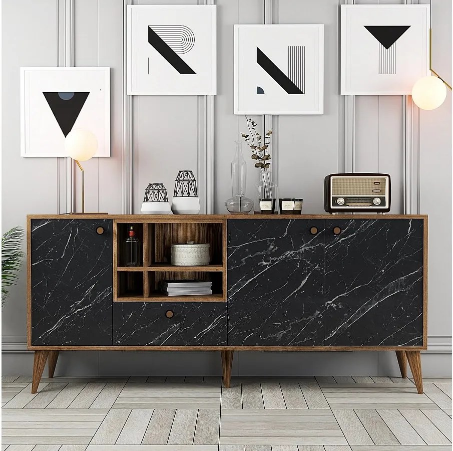 Elegancka komoda – 180 x 81 x 35 cm – kolor czarny i orzechowy – płyta wiórowa z powłoką melaminową