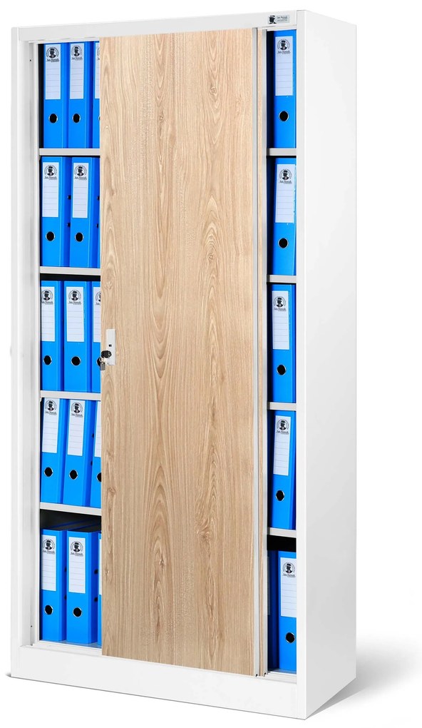 Szafa metalowa biurowa z drzwiami przesuwnymi biała/dąb sonoma, 900x1850x400 mm: KUBA Eco Design