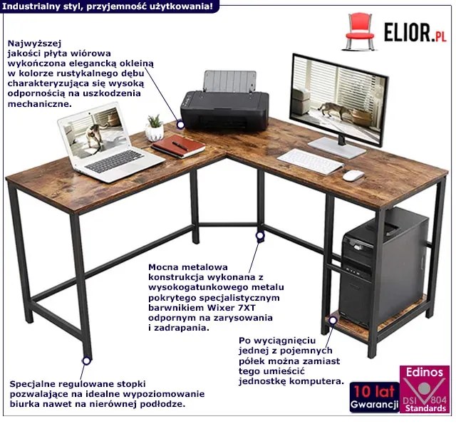 Brązowe narożne biurko do loftowego gabinetu - Relix