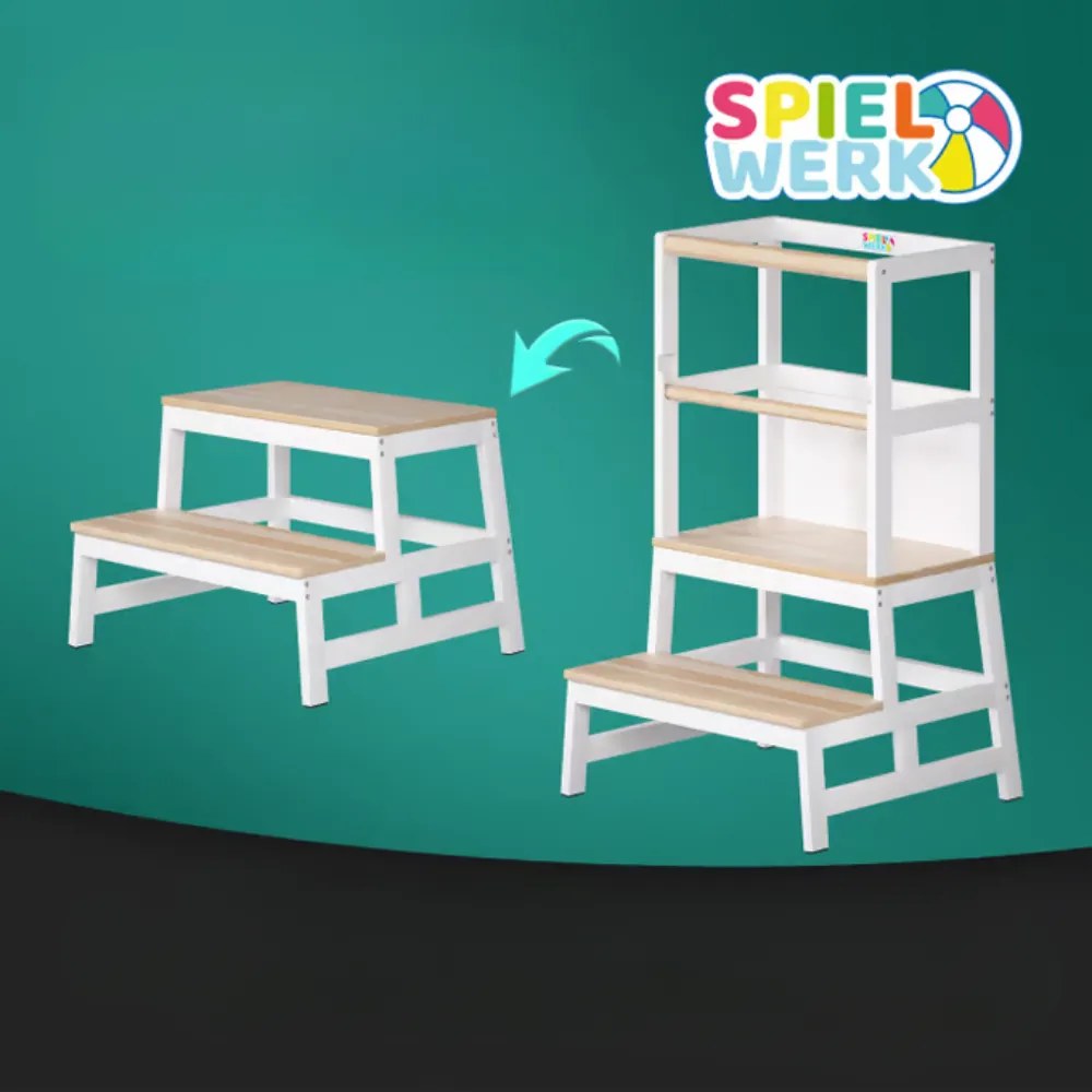 Wieża edukacyjna PLAY z drewna sosnowego, 93x56x49, biała/naturalny brąz Spielwerk