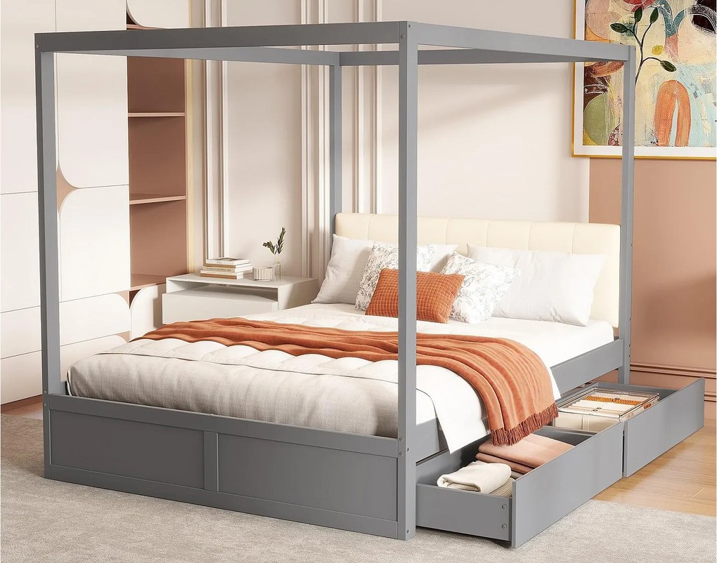 Łóżko z baldachimem 140x200cm z drewna - z tapicerowanym wezgłowiem i 2 szufladami - Szare