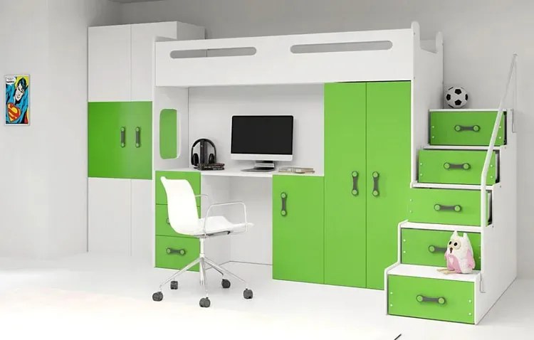 Biało-zielone łóżko na antresoli dla dziecka z biurkiem i szafą N2-S31