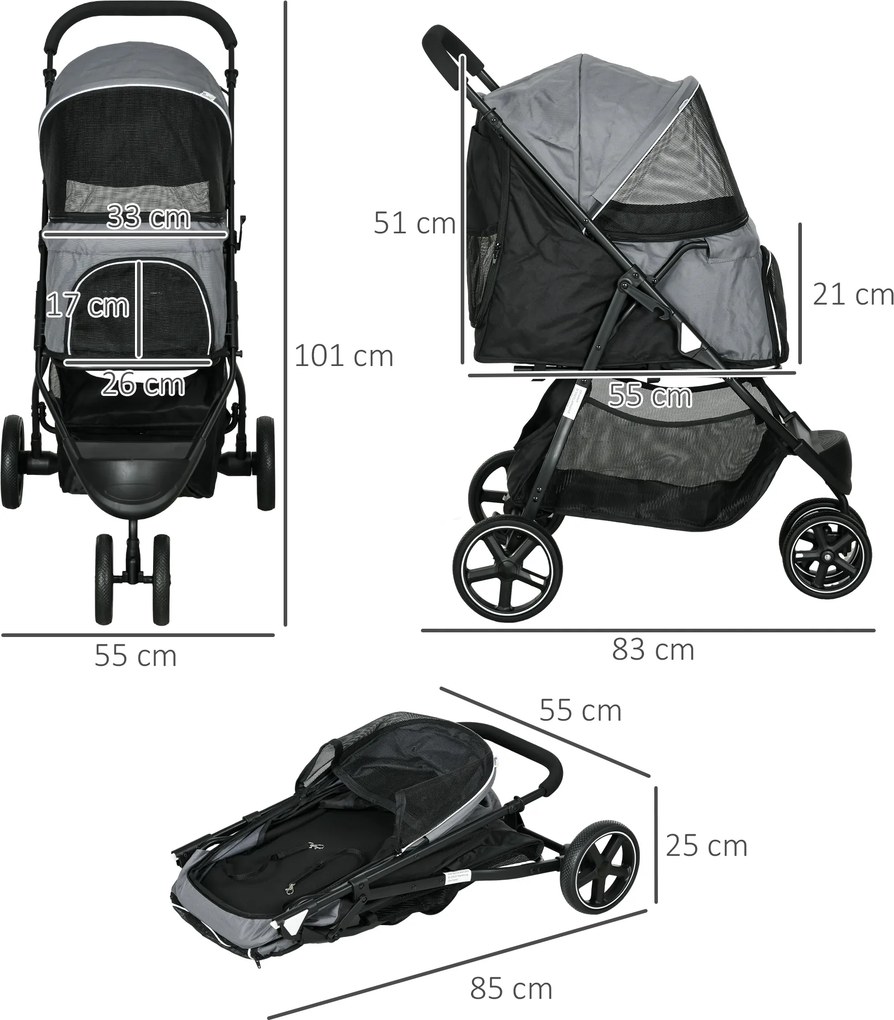 PawHut Wózek dla psa spacerowy składany z osłoną przeciwdeszczową dla małych psów i kotów do 10 kg z koszem hamulcem 83x55x101 cm szary | Aosom PL