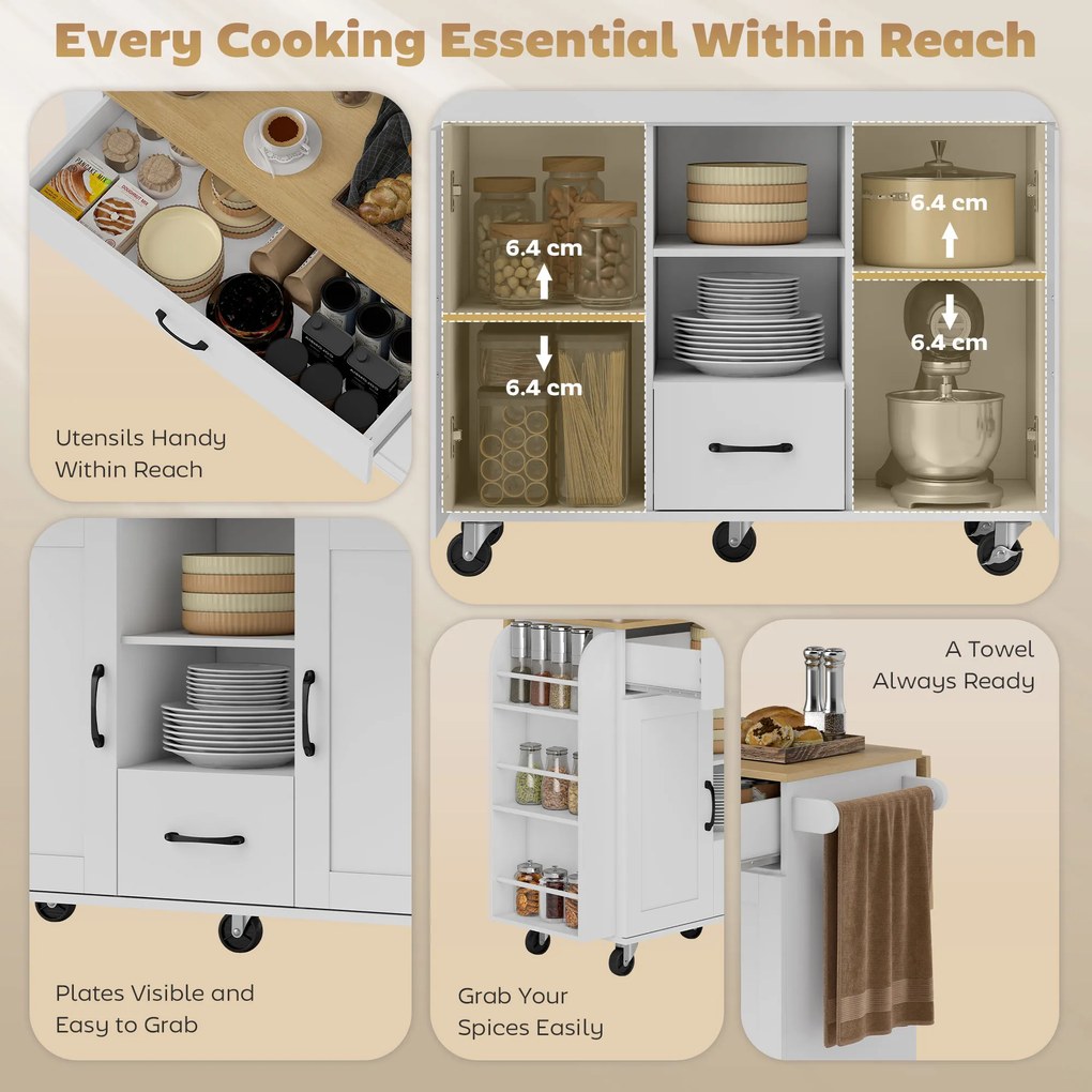 HOMCOM Wyspa kuchenna na kółkach z rozkładanym blatem szafką soft-close szufladami i wieszakiem na ręczniki biała | Aosom PL