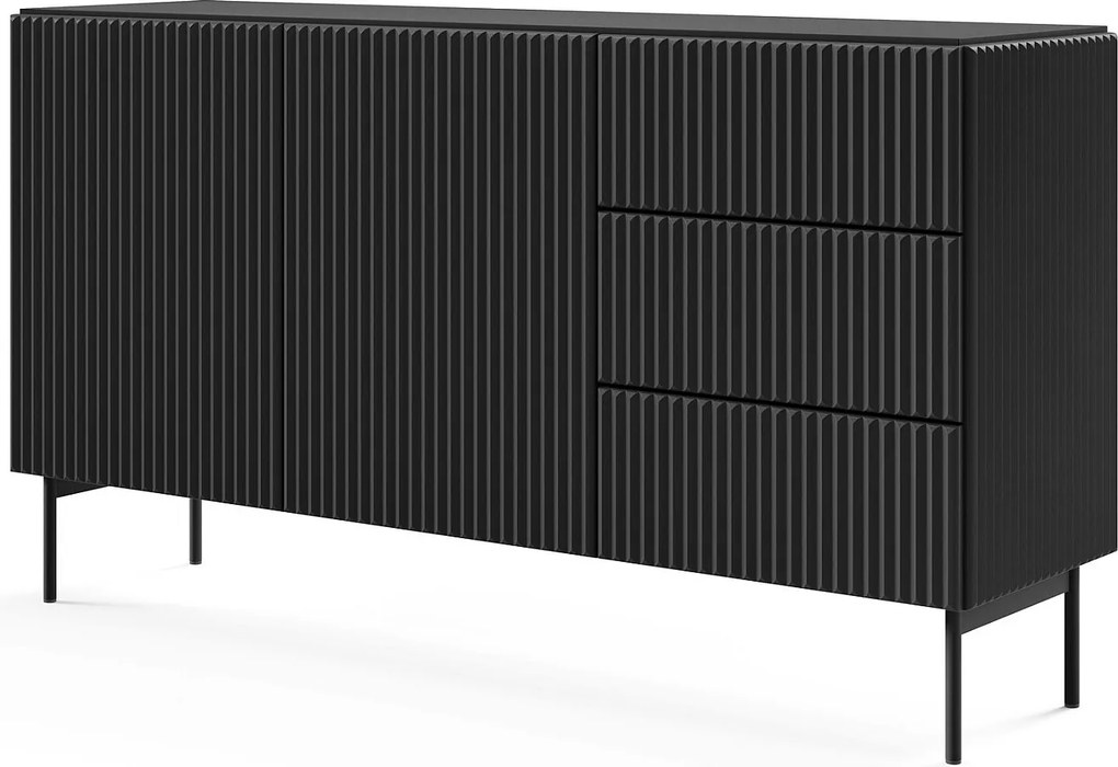 Komoda z szufladami 147 cm Galiano - 2 drzwi, wysokie nóżki, komoda czarna ryflowana