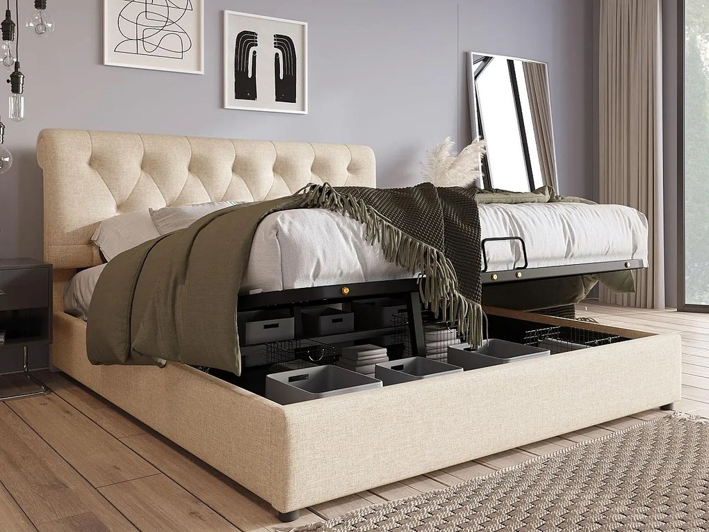 Łóżko z tapicerowanym zagłówkiem z lnu - 140x200cm - z stelażem na listwach - Jasny naturalny